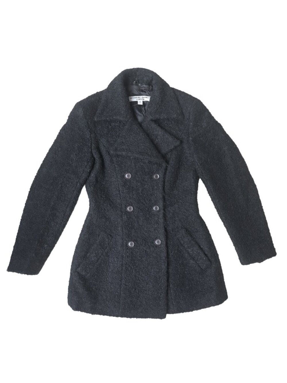 Vintage KATHERINE HAMNETT 90s Black Wool Boucle Tweed Blazer Jacket Pea Coat S